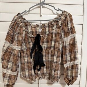 Urban Outfitters Brown Plaid Blouse with Lace Trim